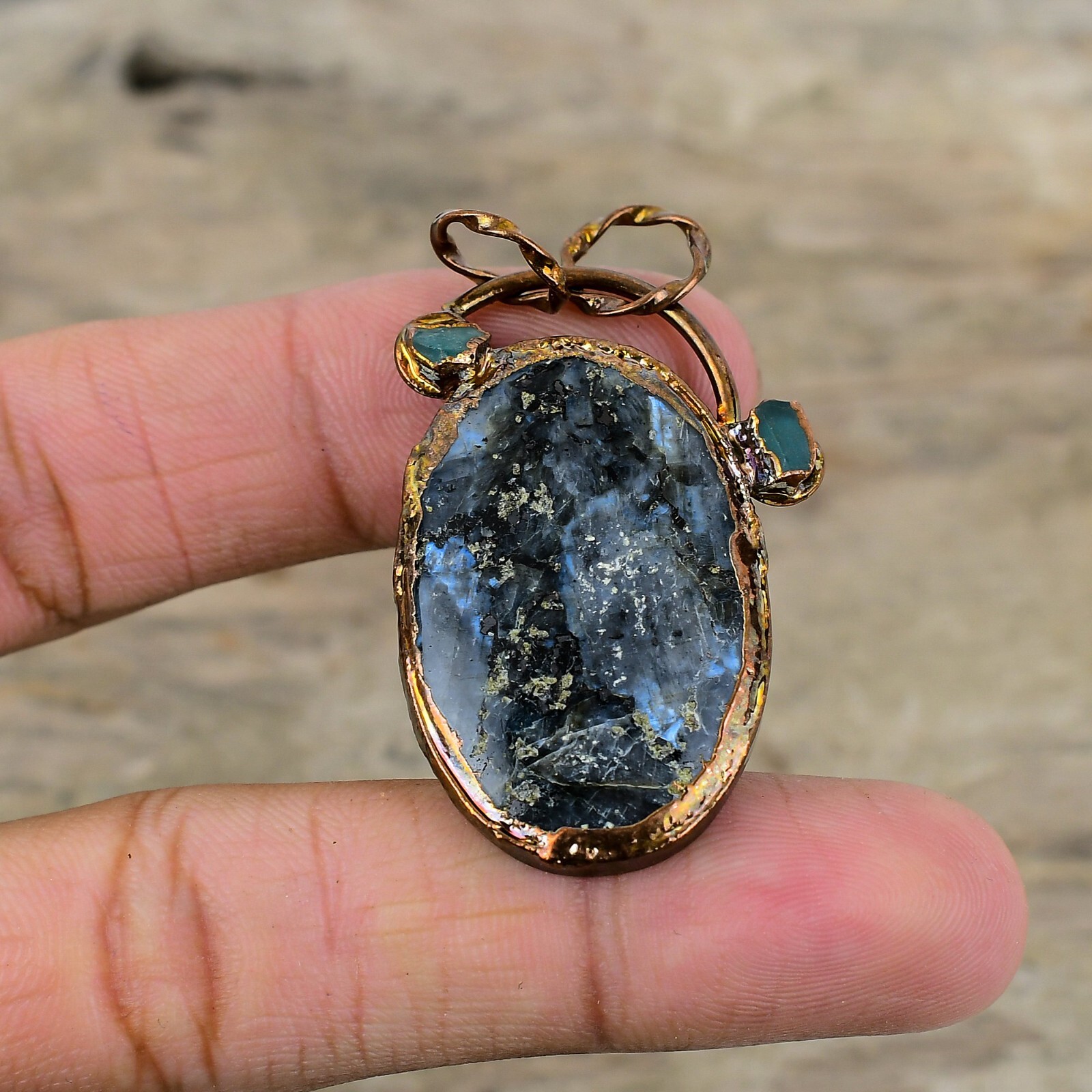 Larvikite Electroformed Pendant Handcrafted Copper Dailywear Jewelry 1.97″