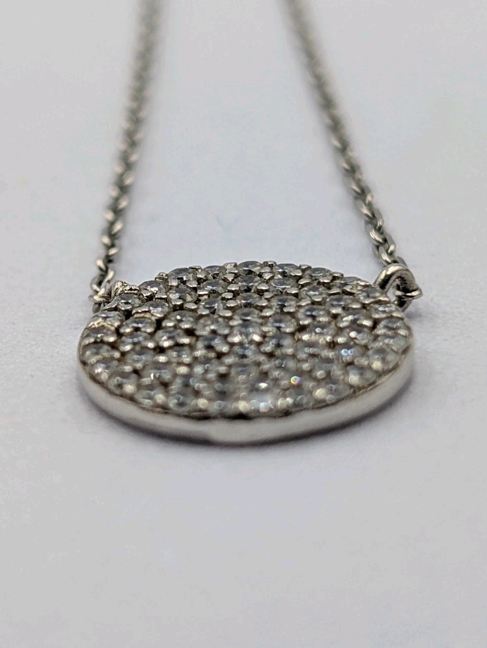 Signed Sterling Silver Pave CZ Circle Cable Chain 925 Necklace 15.75″-18.5″ Adj.