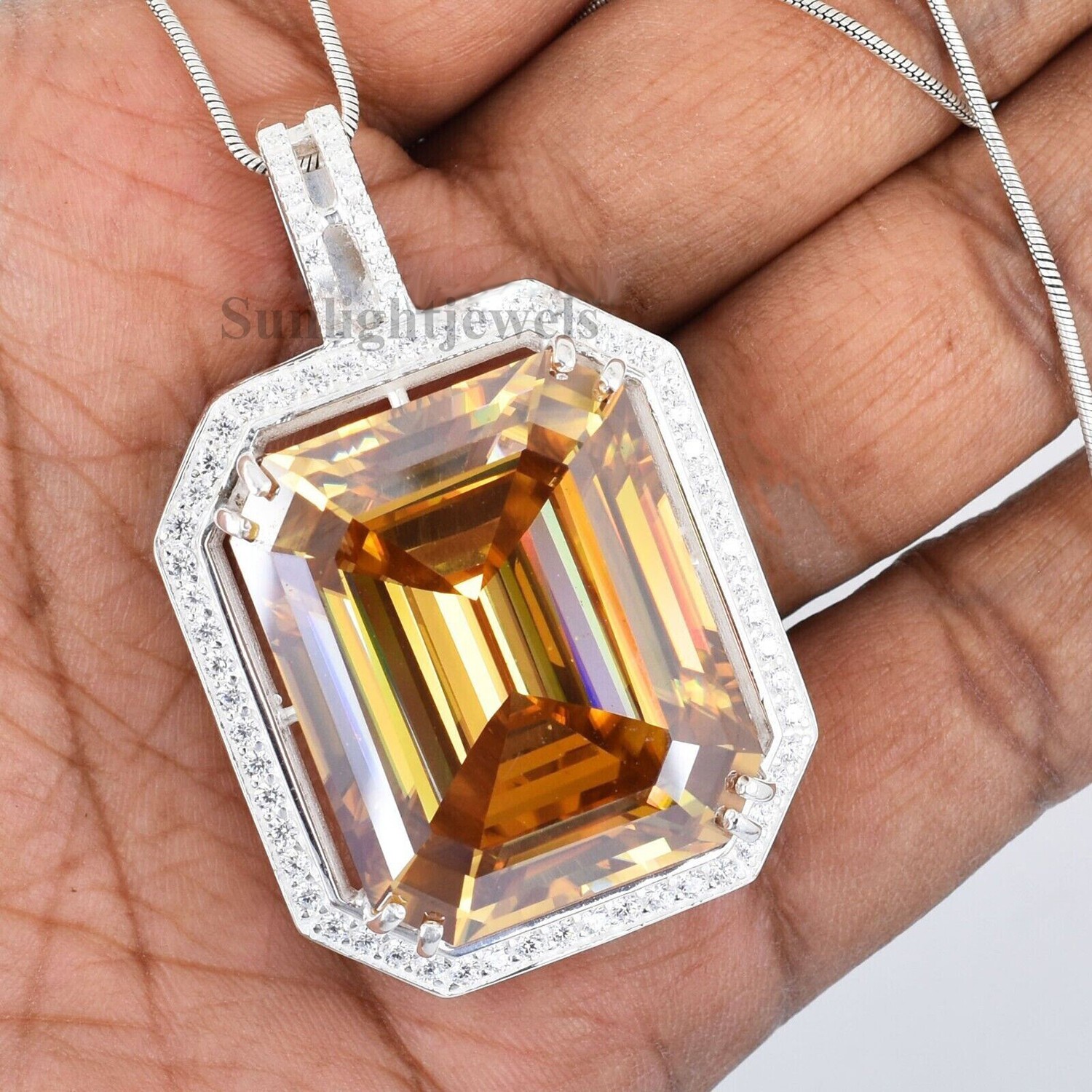 24.5Ct Bronze Champagne Emerald Solitaire Diamond Necklace 925 Sterling Silver