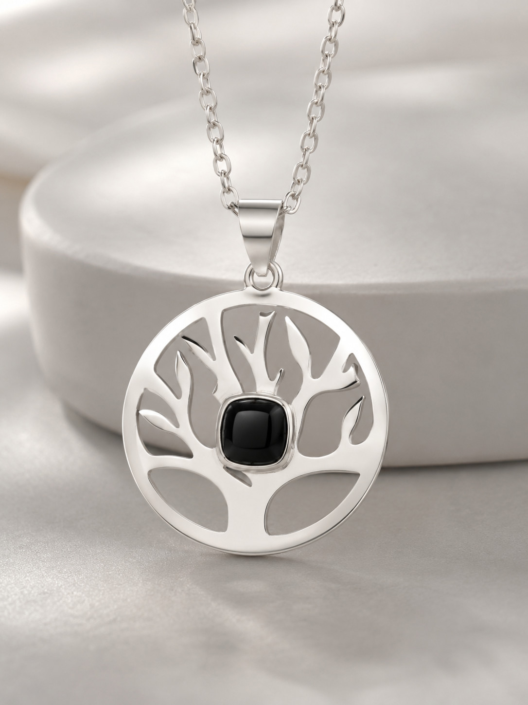 925 Sterling Silver Tree of Life Pendant Black Onyx Handmade Round Charm Gift