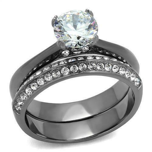 Brilliant 1.75Ct Round Cubic Zircon CZ AAA Light Black Ip Wedding Set Tk2797