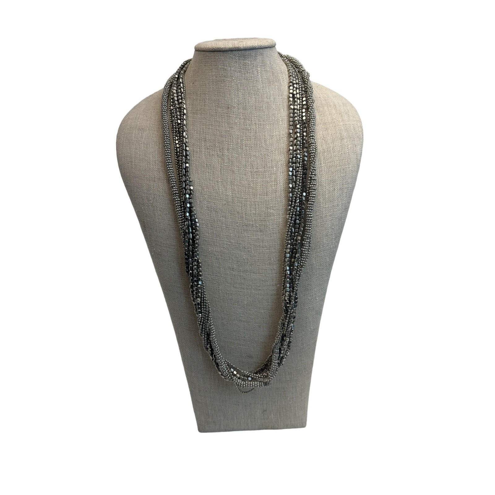 Vintage Multi Strand Metal Beads Silver Tone Chain Necklace – 37in