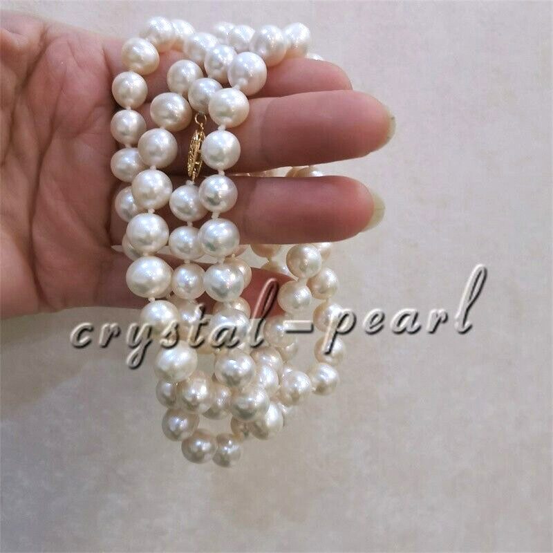 36″ Opera Length 9-8mm Akoya White Pearl Necklace 14k Yellow Gold Clasp