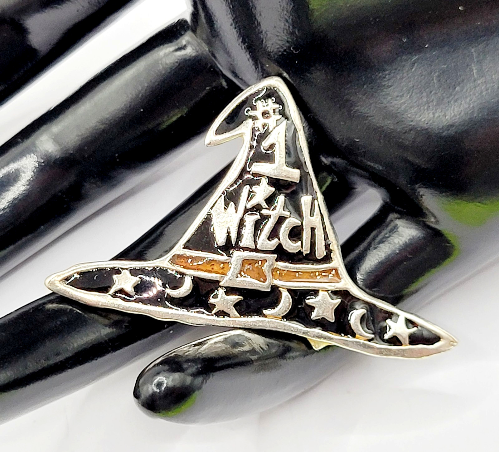 Number 1 Witch Black Witches Hat Metal and Enamel Halloween Vintage Brooch Pin