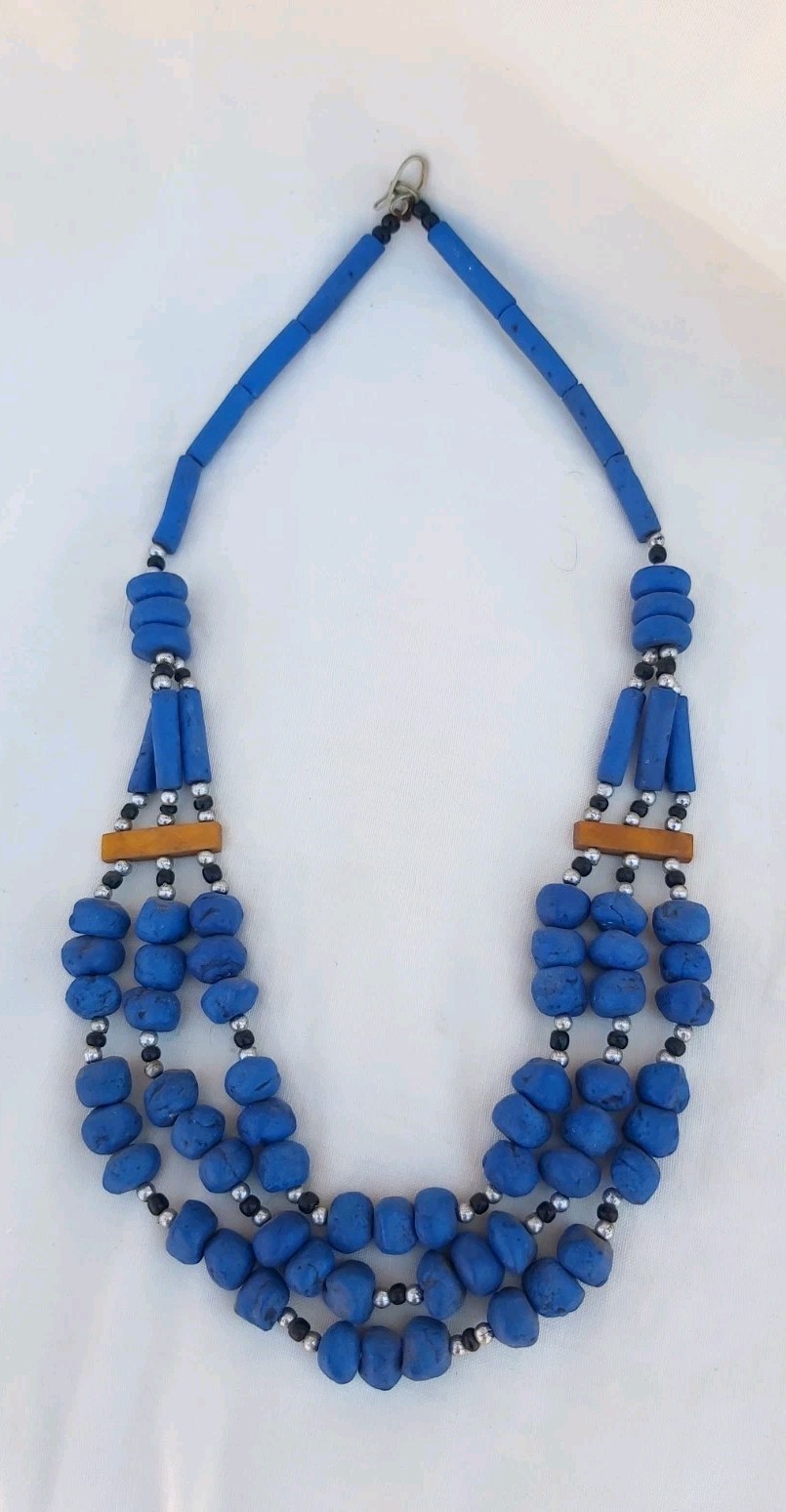 Vintage African Powder Glass Bead Necklace Multi Strand Cobalt Blue Statement Tr
