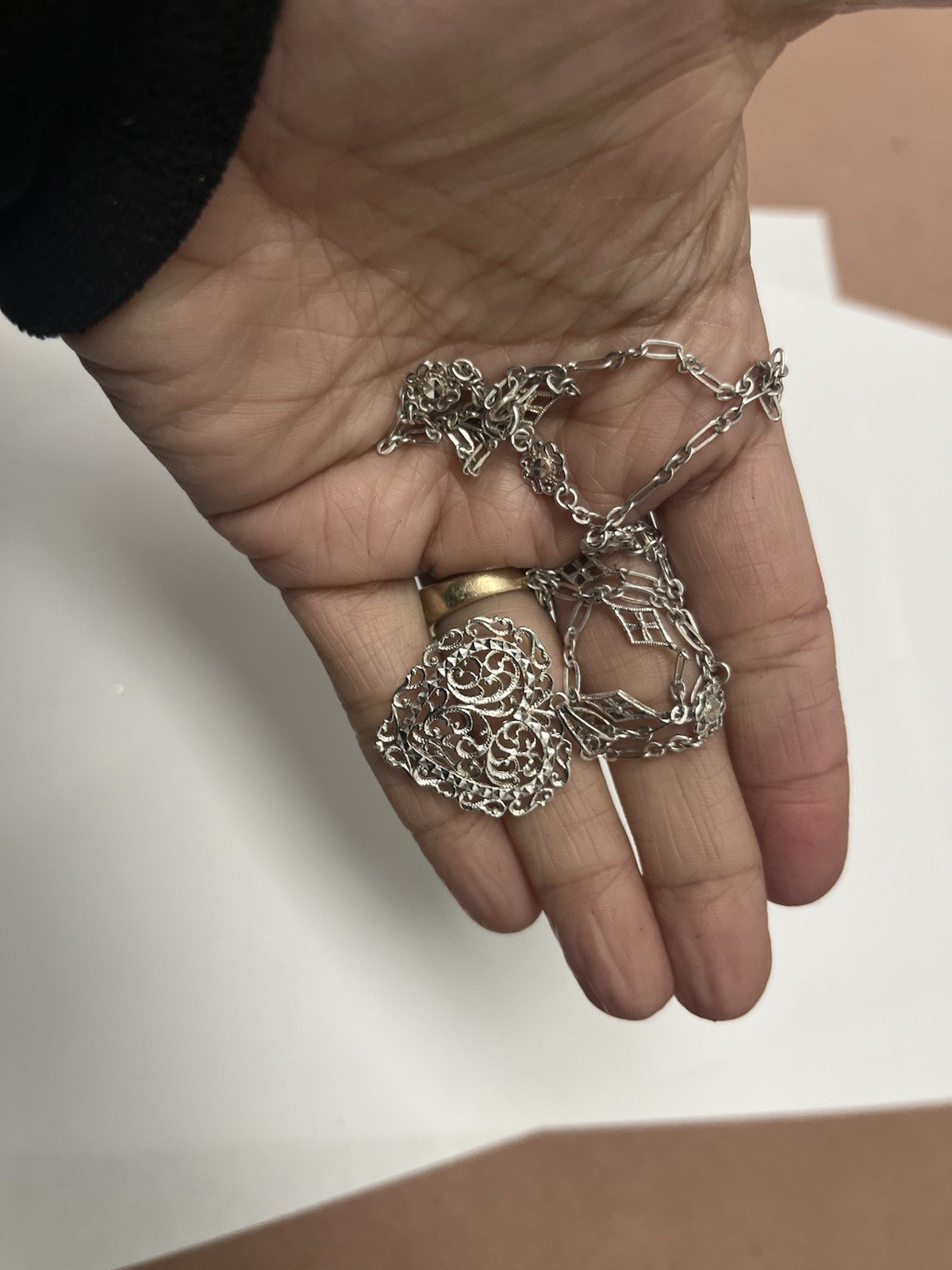 Vintage Signed BOLIVIA FILIGREE Heart PENDANT on GORGEOUS STERLING SILVER CHAIN