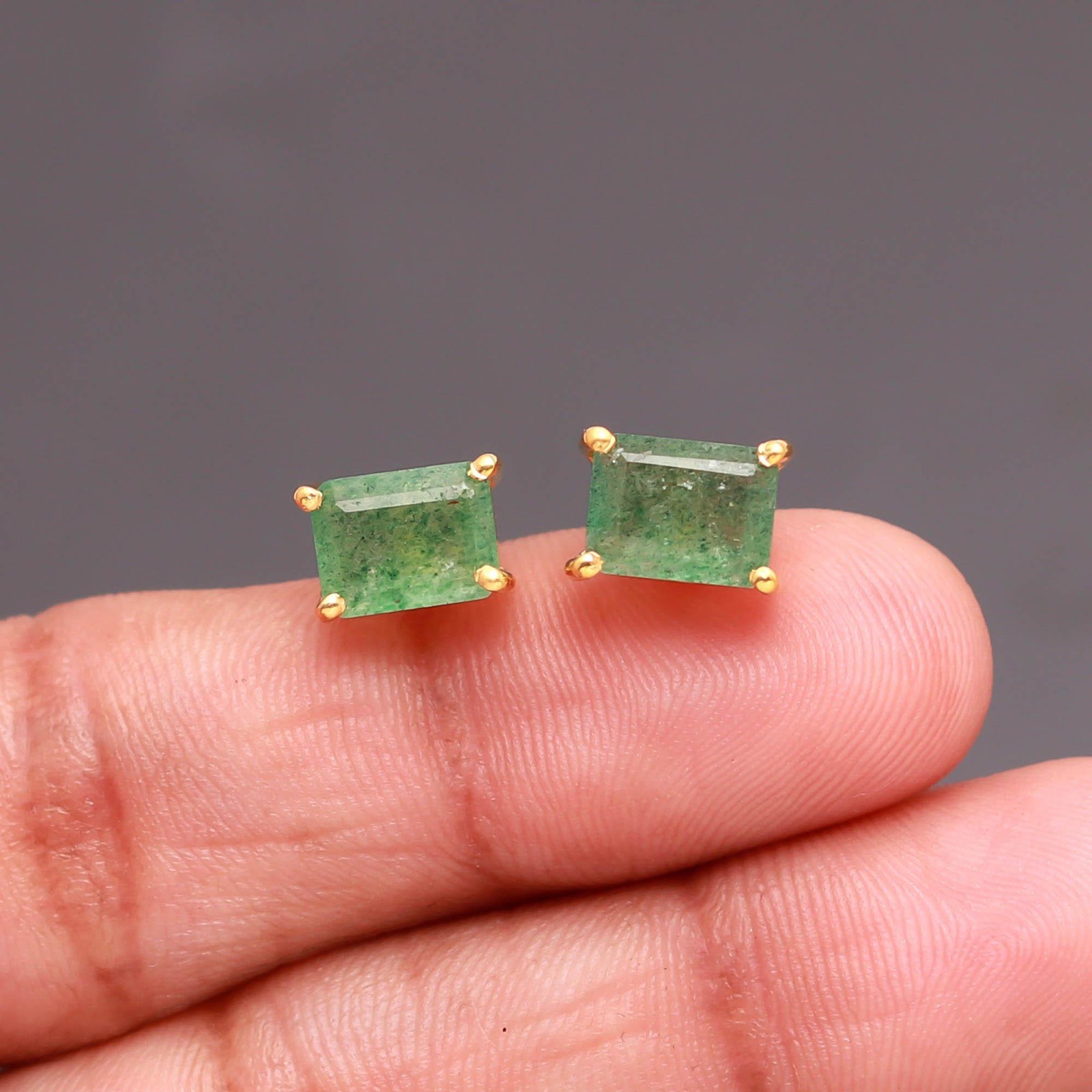 Natural Green Strawberry Octagon Stud Earrings Gold Plated Solid Silver Jewelry