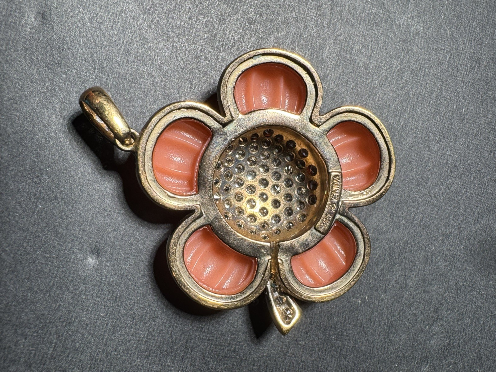 Vintage Ross Simons Sterling Silver Pink Resin Rhinestone 925 Flower Pendant