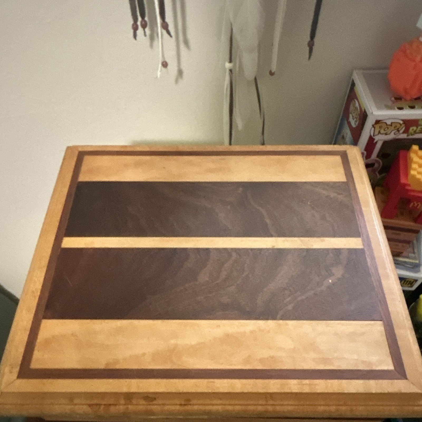Wood Jewelry Box w/ Mirror Lid, Purple Velvet Lining, Ring Rolls & Drawer