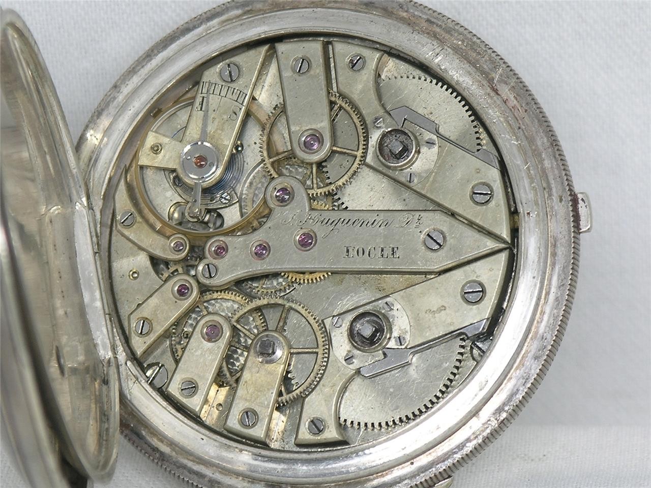 ANTIQUE 57MM HUGUENIN 1/4 JUMP SECONDS POCKETWATCH, ORIGINAL CASE, RUNNING!