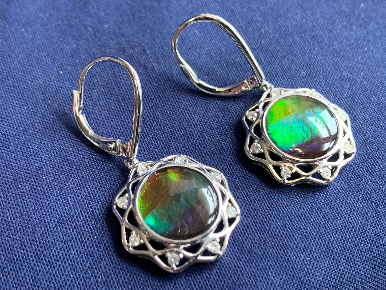 14K White Gold Iridescent Ammolite Earrings 9.54g Jewelry Clear Stones *READ*
