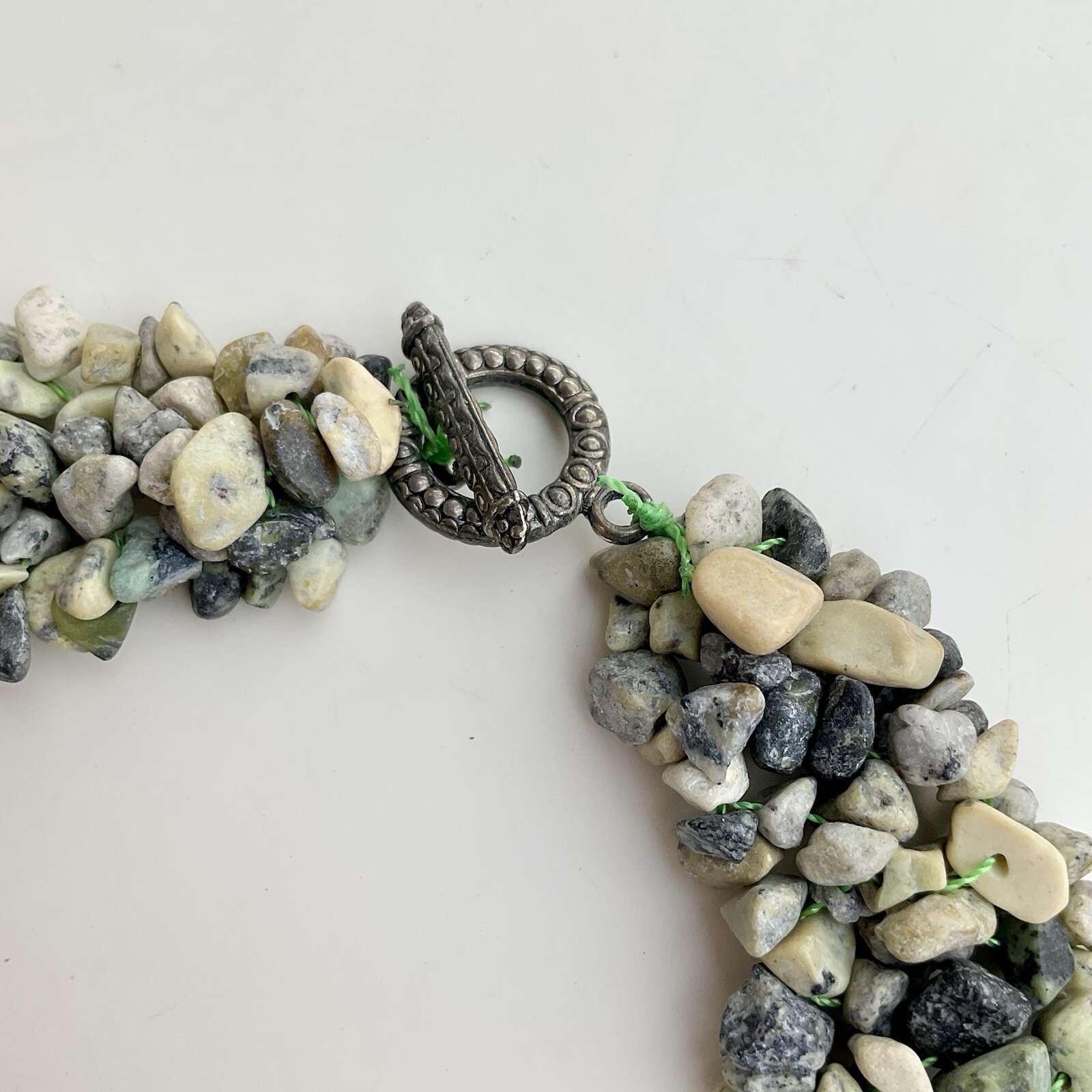 Handcrafted Green & Beige Chipped Gemstone Collar Statement Necklace, 17 Inches