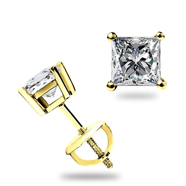 1.0 Ct Princess cut MOISSANITE Studs Earrings Solid 14k Yellow Gold Screwbk Gift