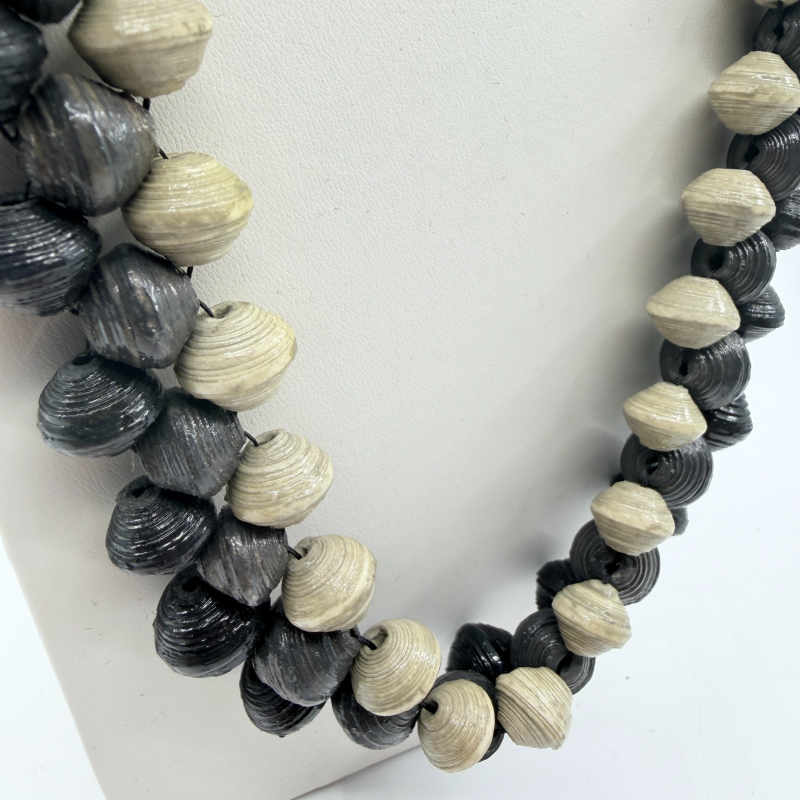 Vintage Boho Black Cream Handcrafted Rolled Paper Bead Strand Statement Necklace