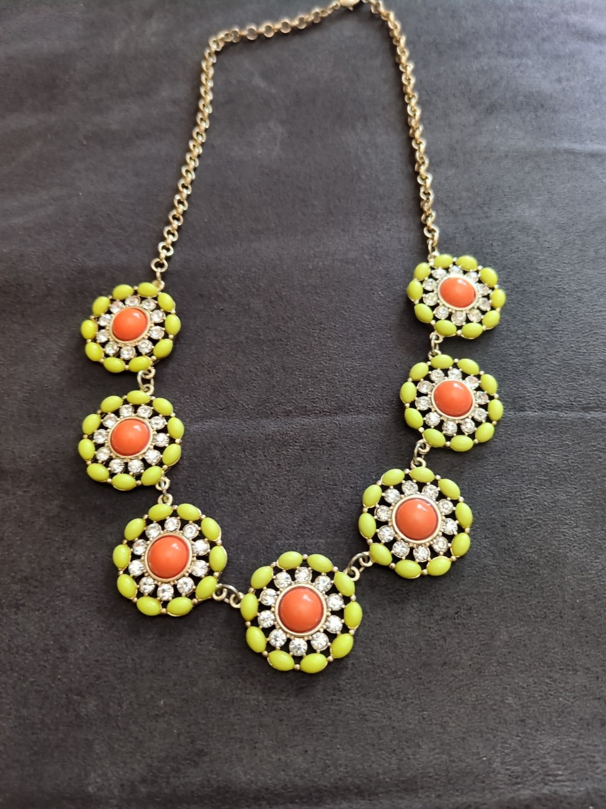 J. Crew Necklace 21″ With Extender, Rosettes Orange, Yellow, White Rhinestones