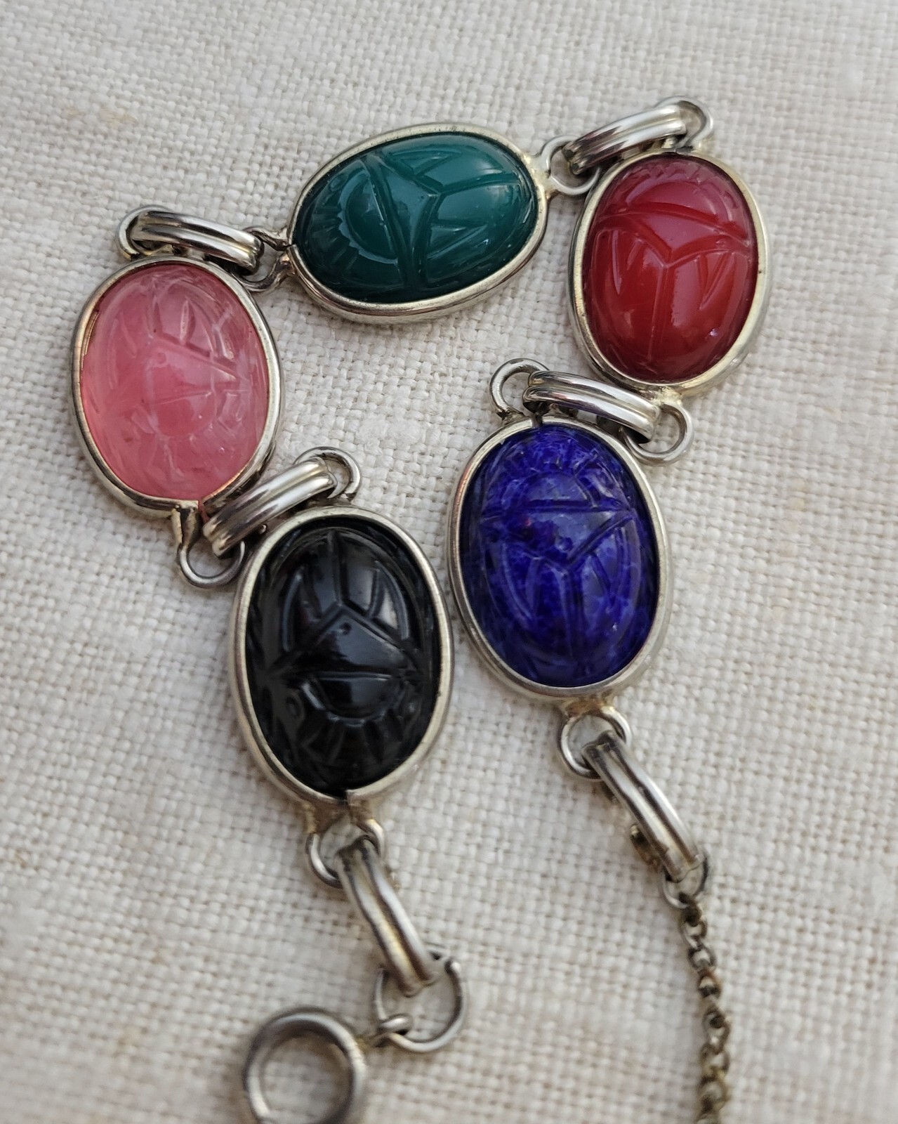 Vintage Multi-Gemstone Egyptian Scarab Link Bracelet – Adjustable 7-9″
