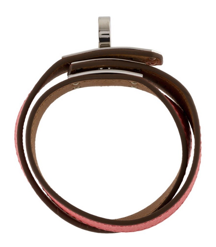 Auth HERMES Kelly Bracelet Double Tour leather palladium Plated Pink orange