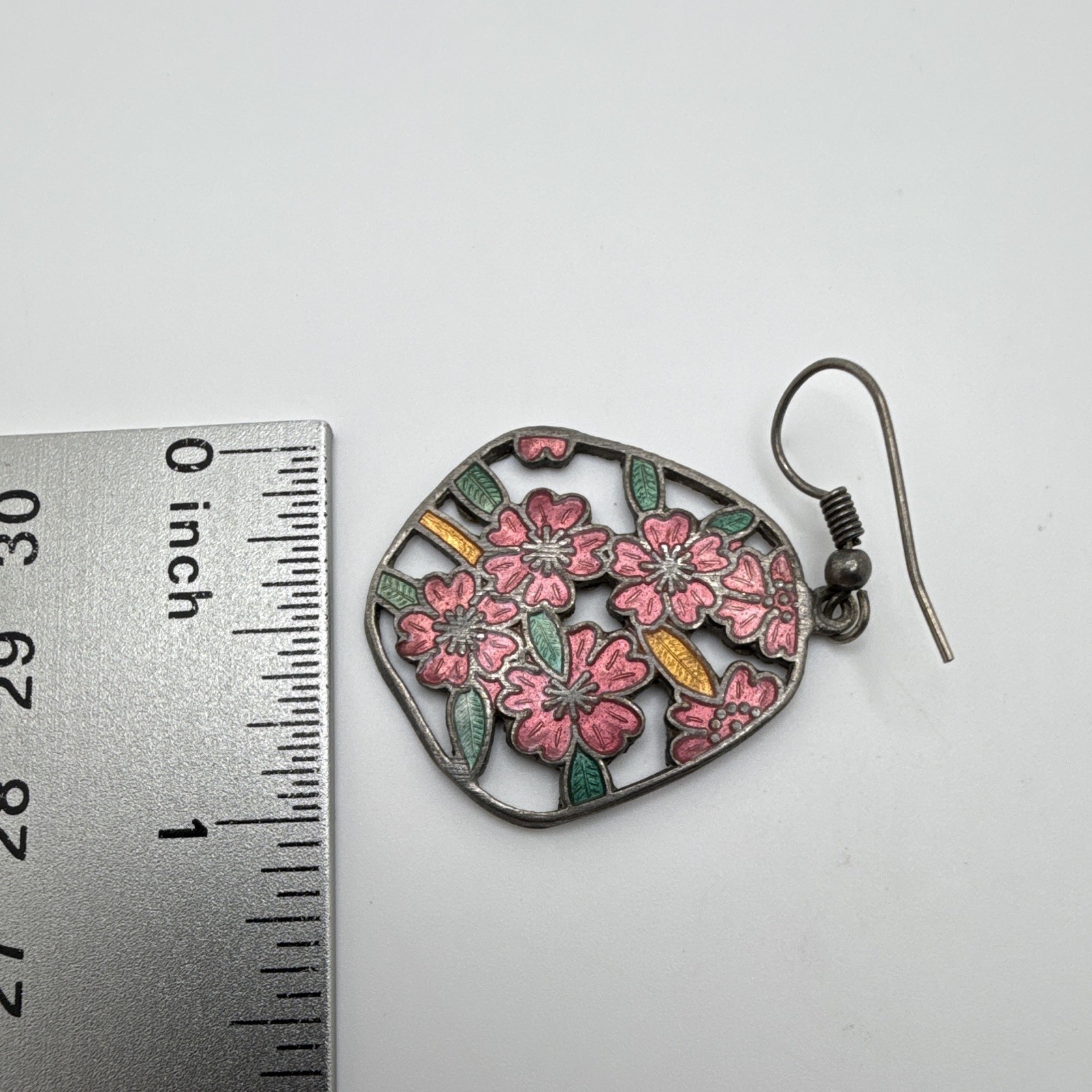 Vintage cloisonné Multicolor Enamel Floral Dangle Drop Hook Earrings, No Stone