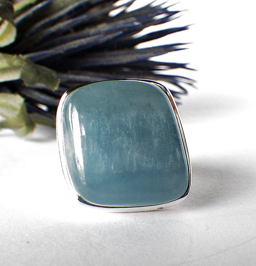 JEWELLERY PIECE RING Silver Blue MILKY AQUA CABOCHON AQUAMARINE BERYLL Large 18 57