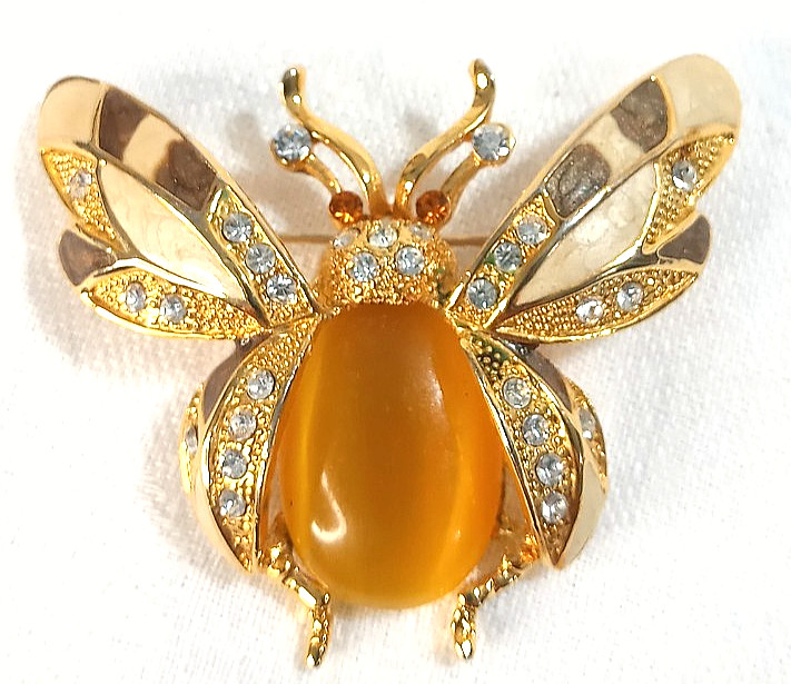 Bee Beetle Pin Brooch Enamel Rhinestones Cabochon Gold Tone Metal 2.5″ STATEMENT