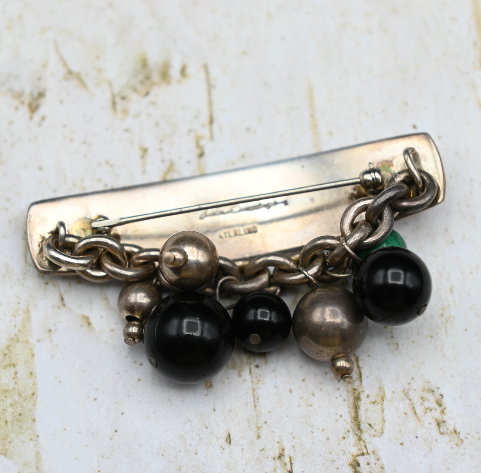 Susan Cummings Malachite Onyx Sterling Silver Bead Bar Dangle Pin Brooch 23.4g