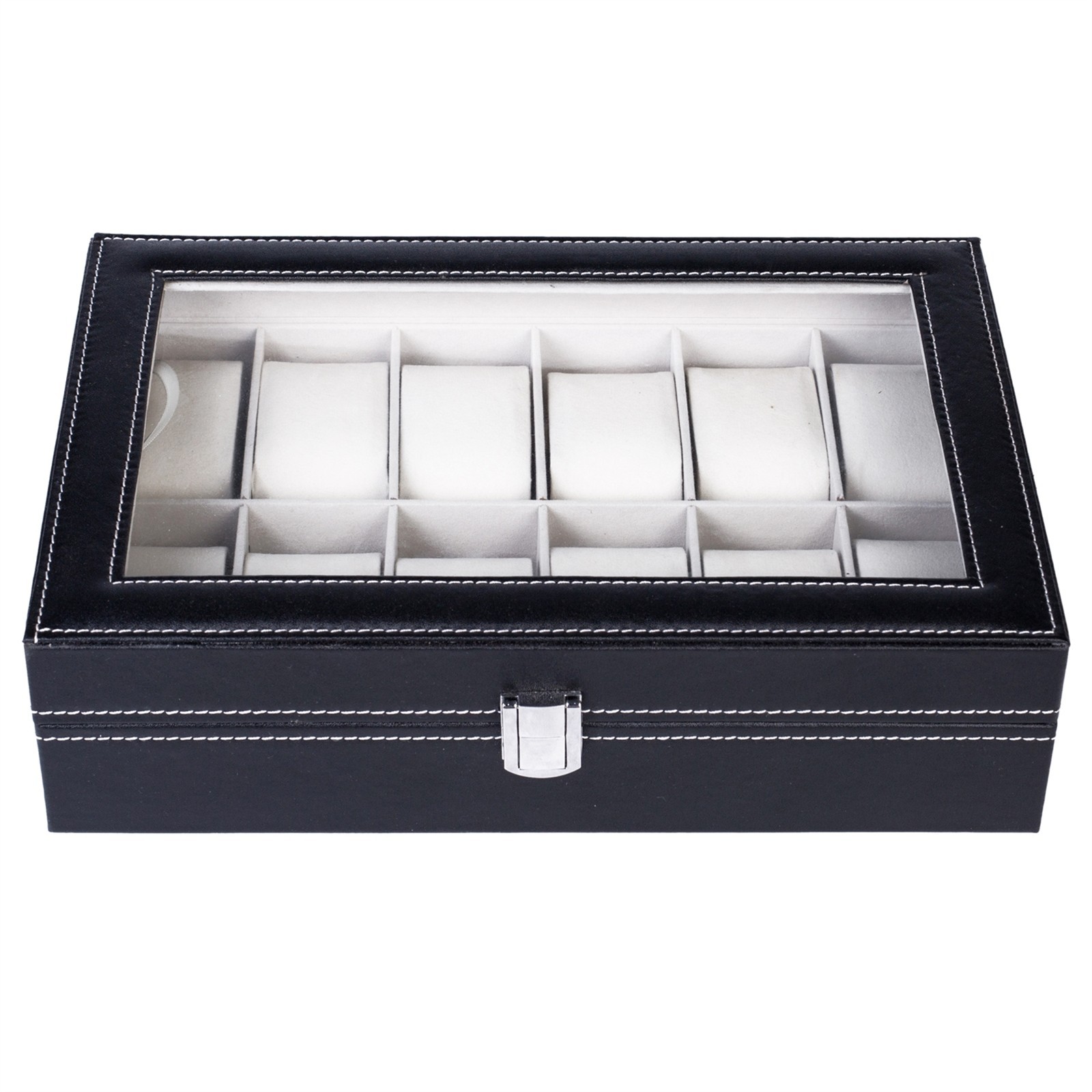 12 Slot Leather Watch Box Organizer Case Display Storage Holder Collector Black