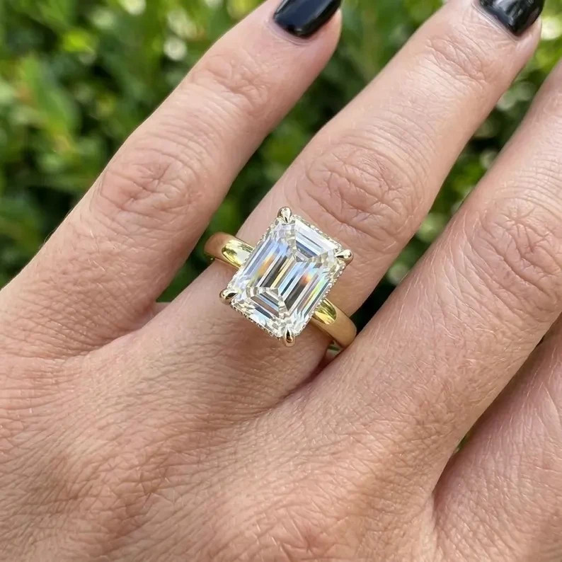 Lab Grown Diamond 4.20Ct EMERALD-Cut HIDDEN HALO Wedding Ring EF 14K YELLOW GOLD