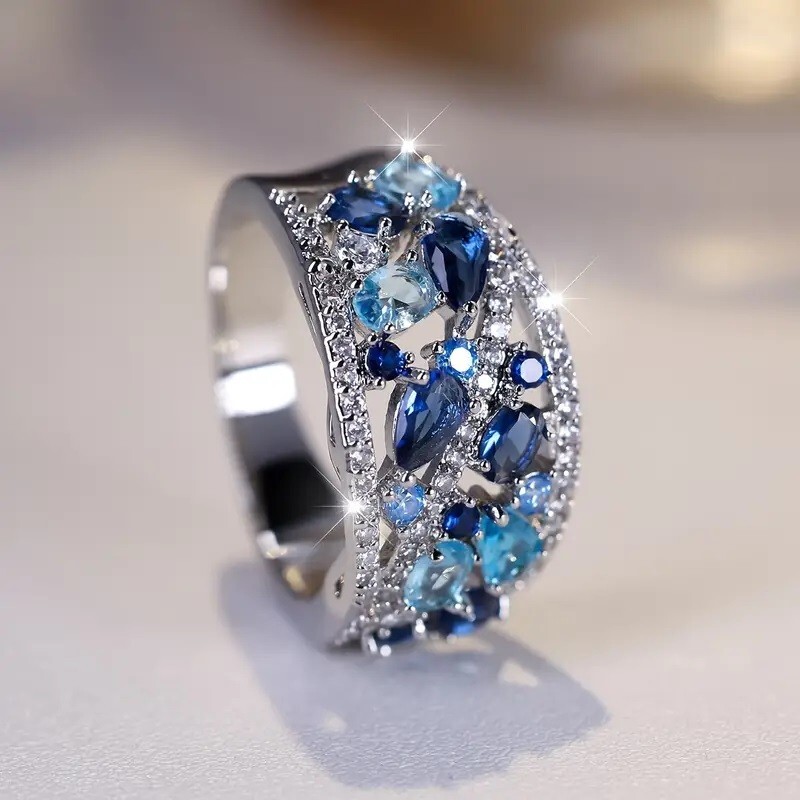Elegant 925 Sterling Silver Blue White Topaz Wedding Engagement Ring Size 10