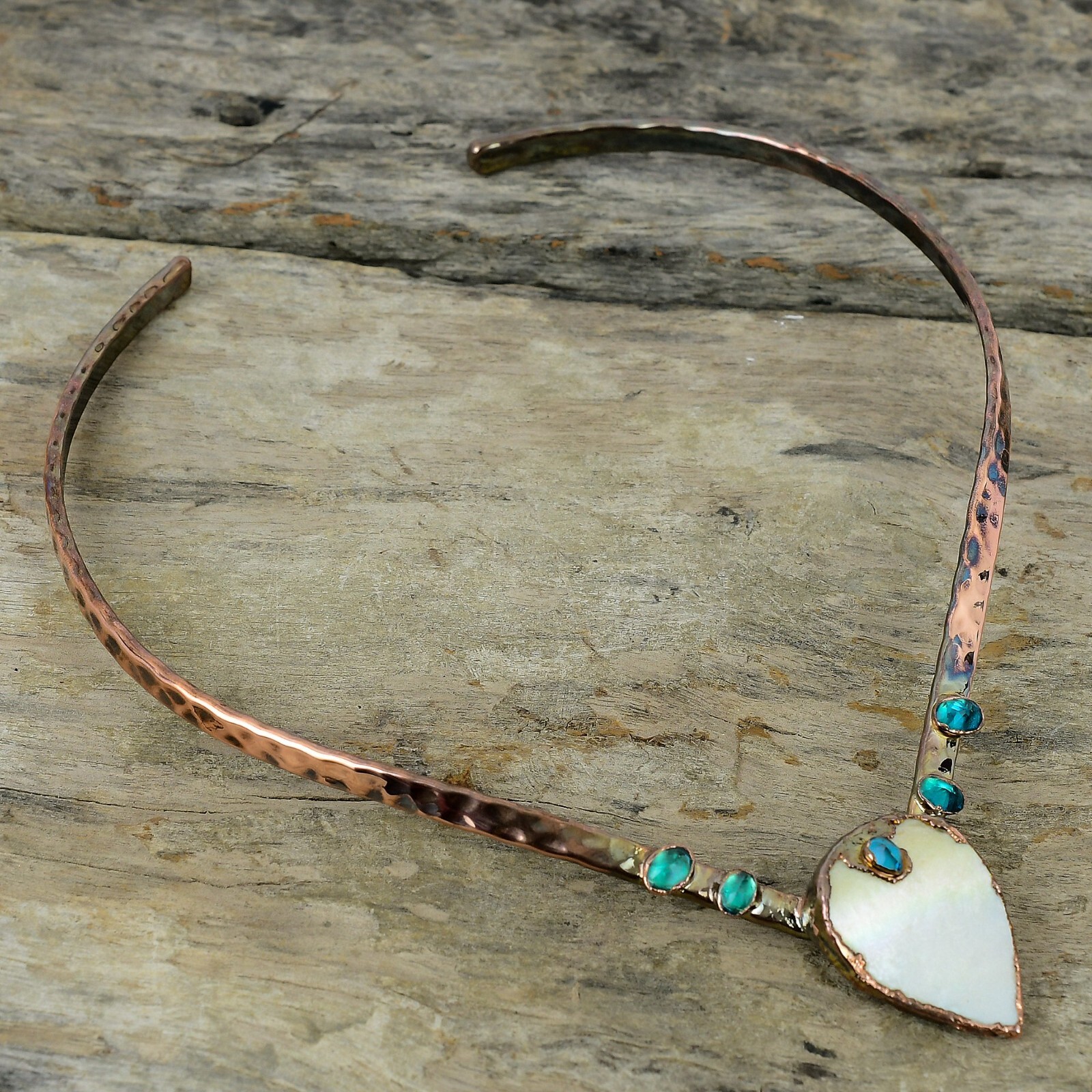 Natural Mother Of Pearl Indicolite Choker Electroformed Necklace Jewelry Copper