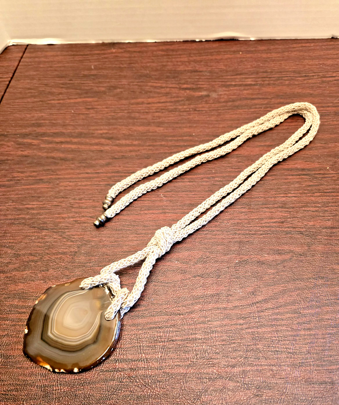 Natural Banded Agate Slice Pendant Necklace Polished Stone on Braided Cord Boho