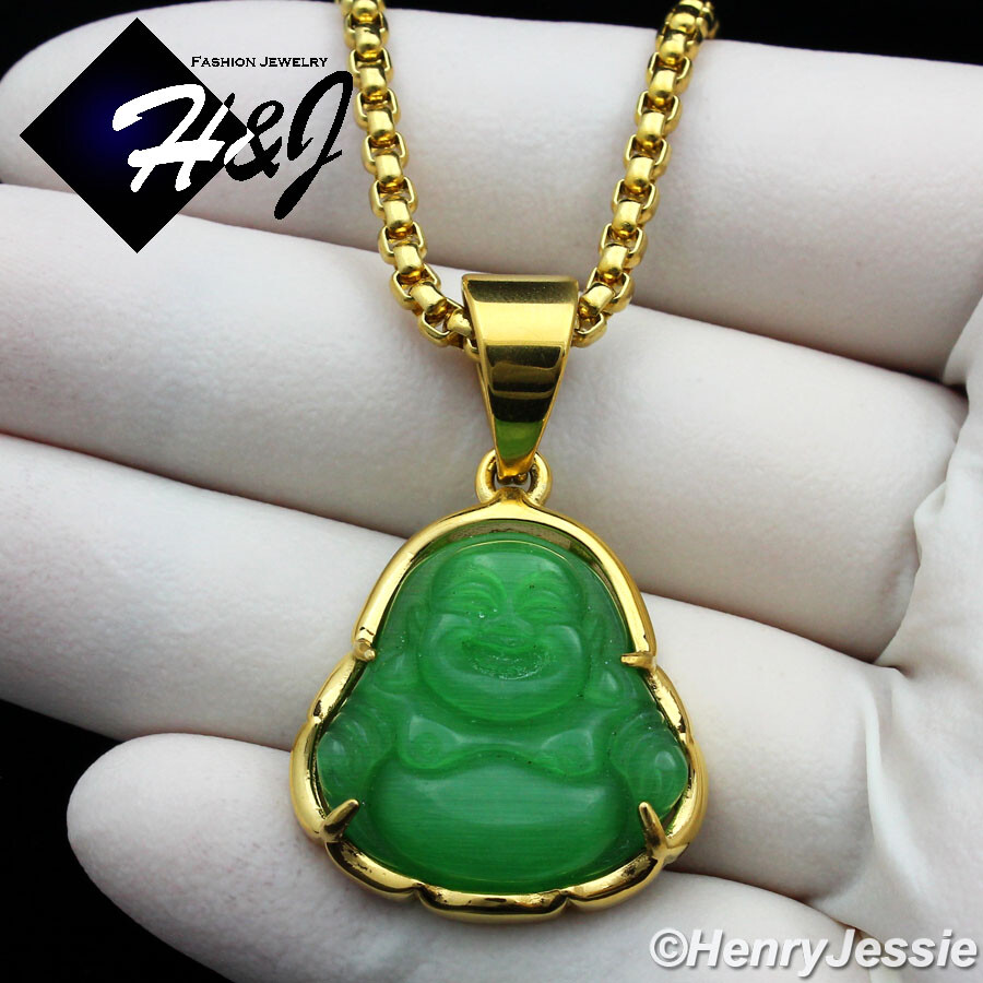 18″-36″Stainless Steel 3mm Gold Plated Box Chain Rhinestone Buddha Pendant*P123