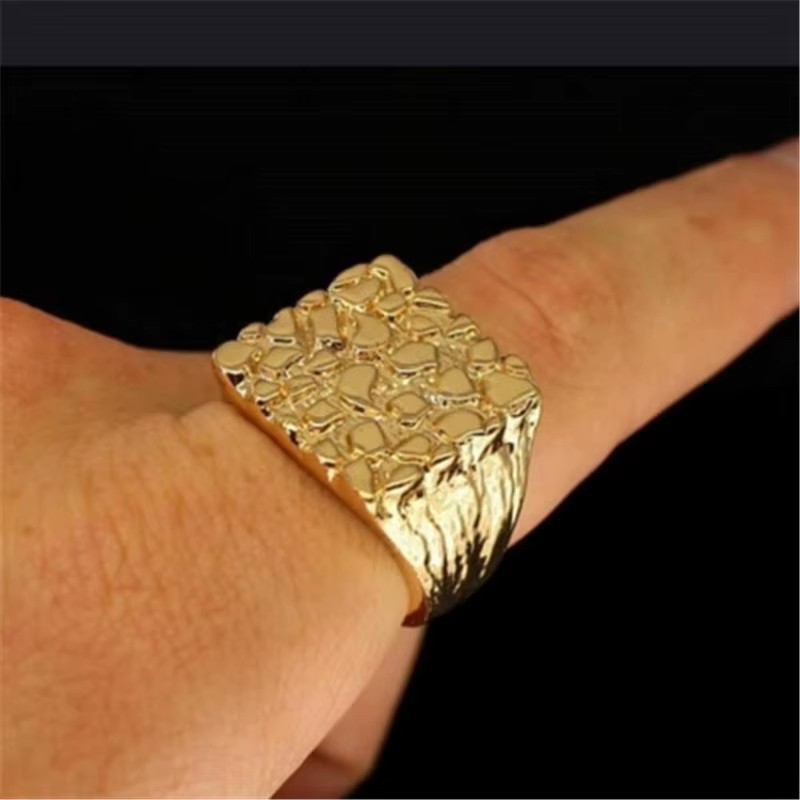 MENS GOLD PLATED DESIGNER NUGGET PINKY RING SQUARED OFF RING SIZES 6-13