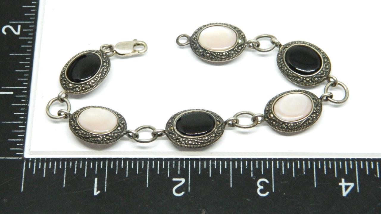 Designer Signed “A” Mother Of Pearl Onyx Marcasite Sterling Silver Bracelet