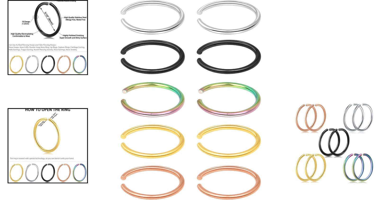 10Pcs Adjustable Nose Rings in Gold, Silver, Rose Gold – Stylish Faux Piercings