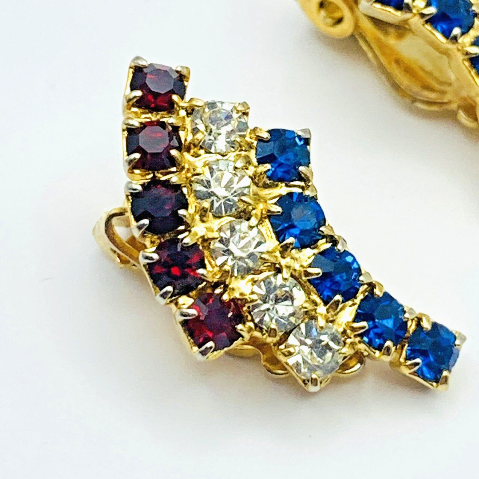 Vintage Patriotic Red White (Clear) Blue Rhinestone Clip On Earrings Gold Tone