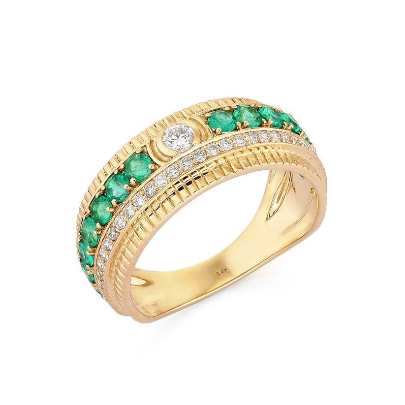 Double Row Emerald 14K (or 18k upon request) Yellow Gold Diamond Ring
