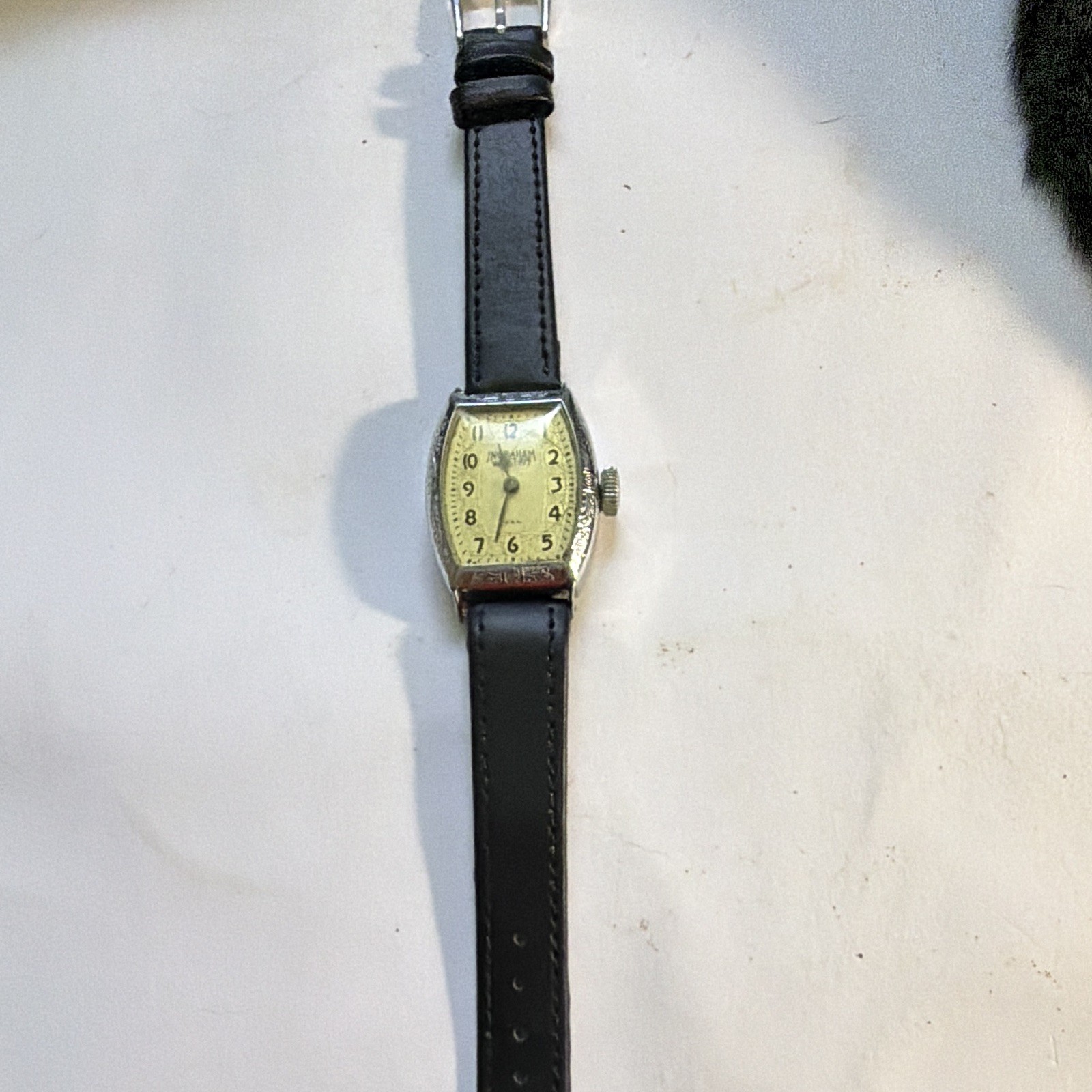 Ingraham Westfield Manual Tonneau Silver Cream Arabic Dial Black Leather 7J