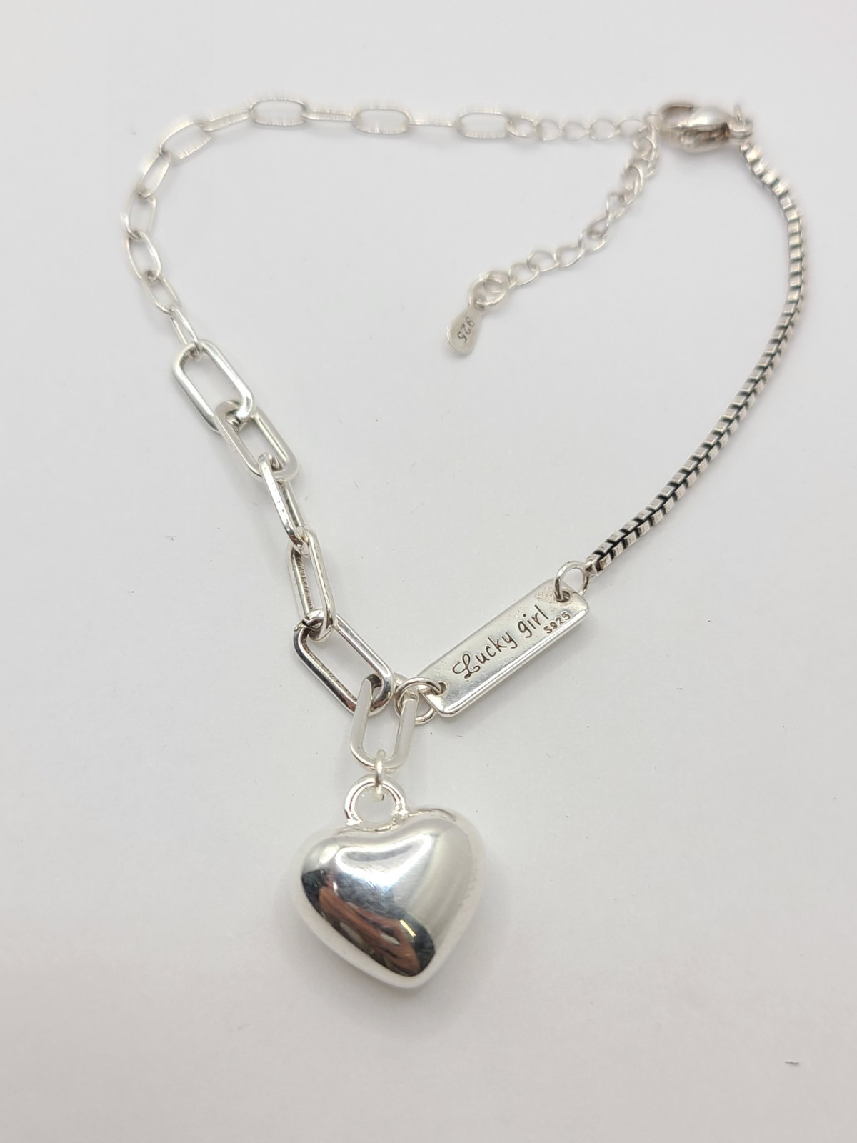 925 Sterling Silver Puffed Heart “Lucky Girl” Chain Bracelet 6.5″ – 7.5″ – 8.9gr