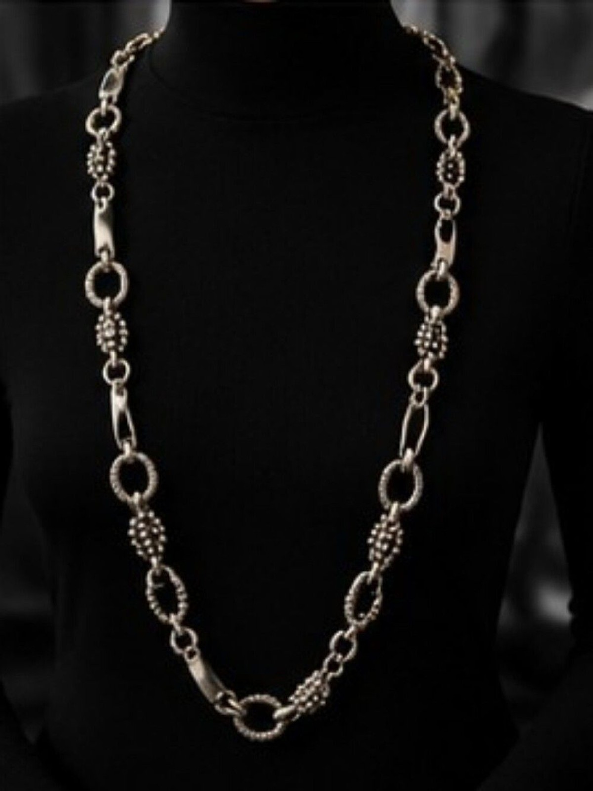 Chico’s Silver Tone Statement Necklace 26″ + 4″ Extender Textured Link Artisan