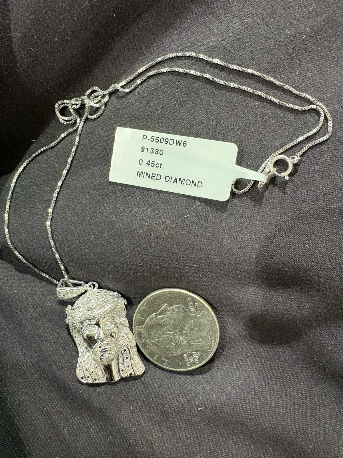 Sterling Silver Natural Diamond Jesus Charm Pendant Box Chain Necklace 0.45ctw
