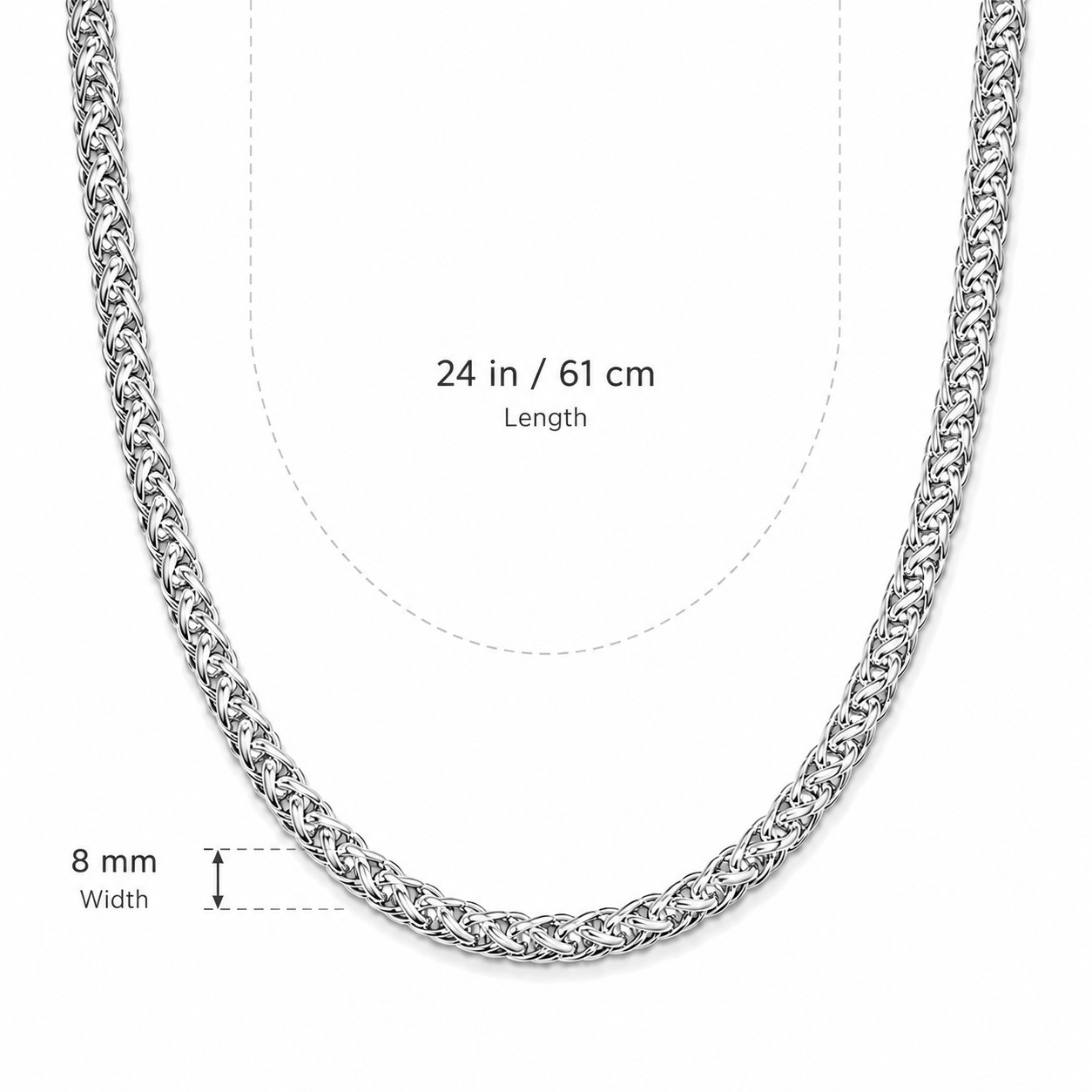 8mm Braided Wheat Chain Necklace 24in Stainless Steel Silver Men Women