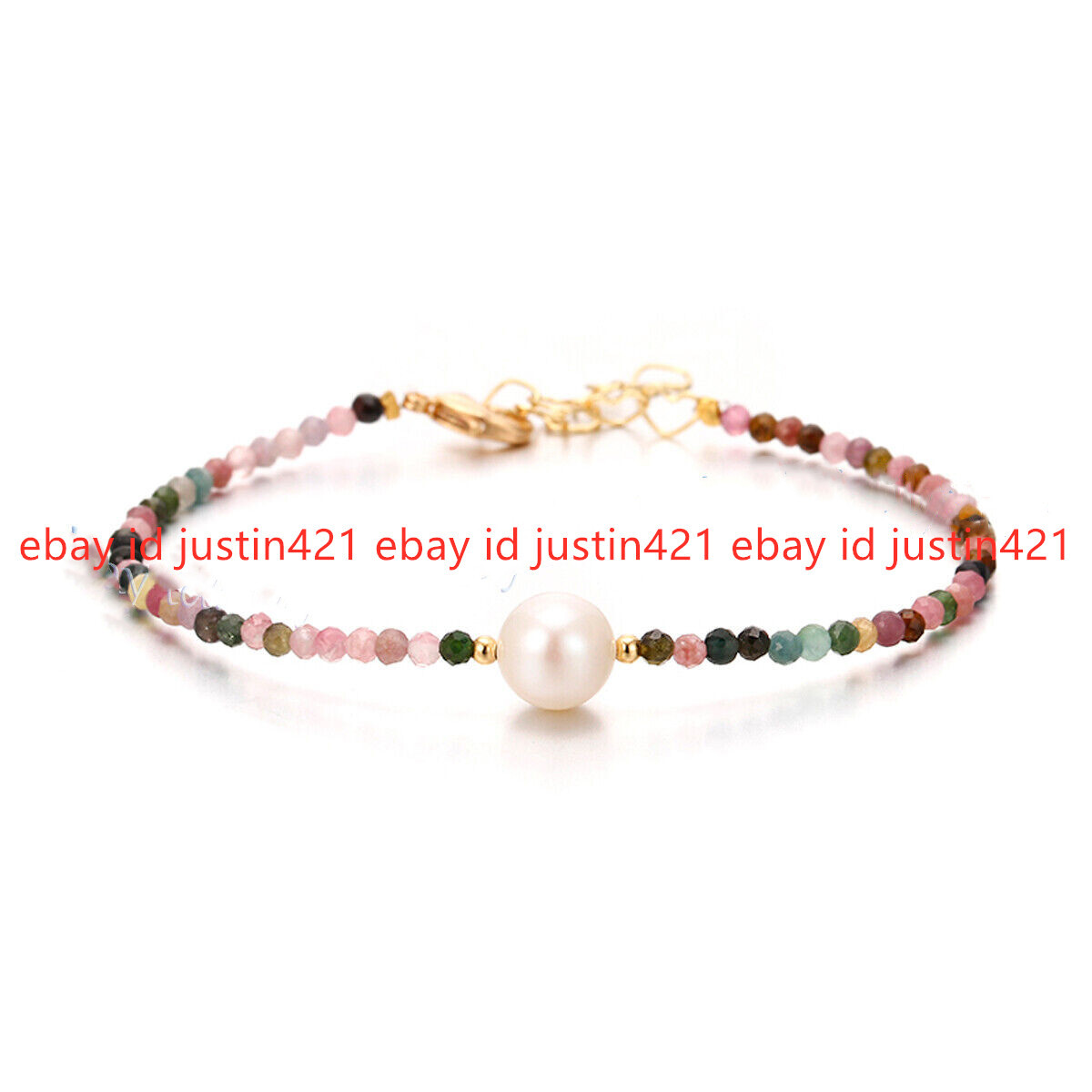 Faceted 3mm Natural Multicolor Tourmaline Round Gems White Pearl Bracelet 7.5”
