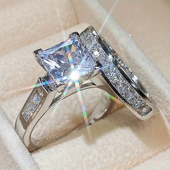 2pcs Silver Plated Zinc Square White/Colorless Cubic Zirconia Ring Set Size 7