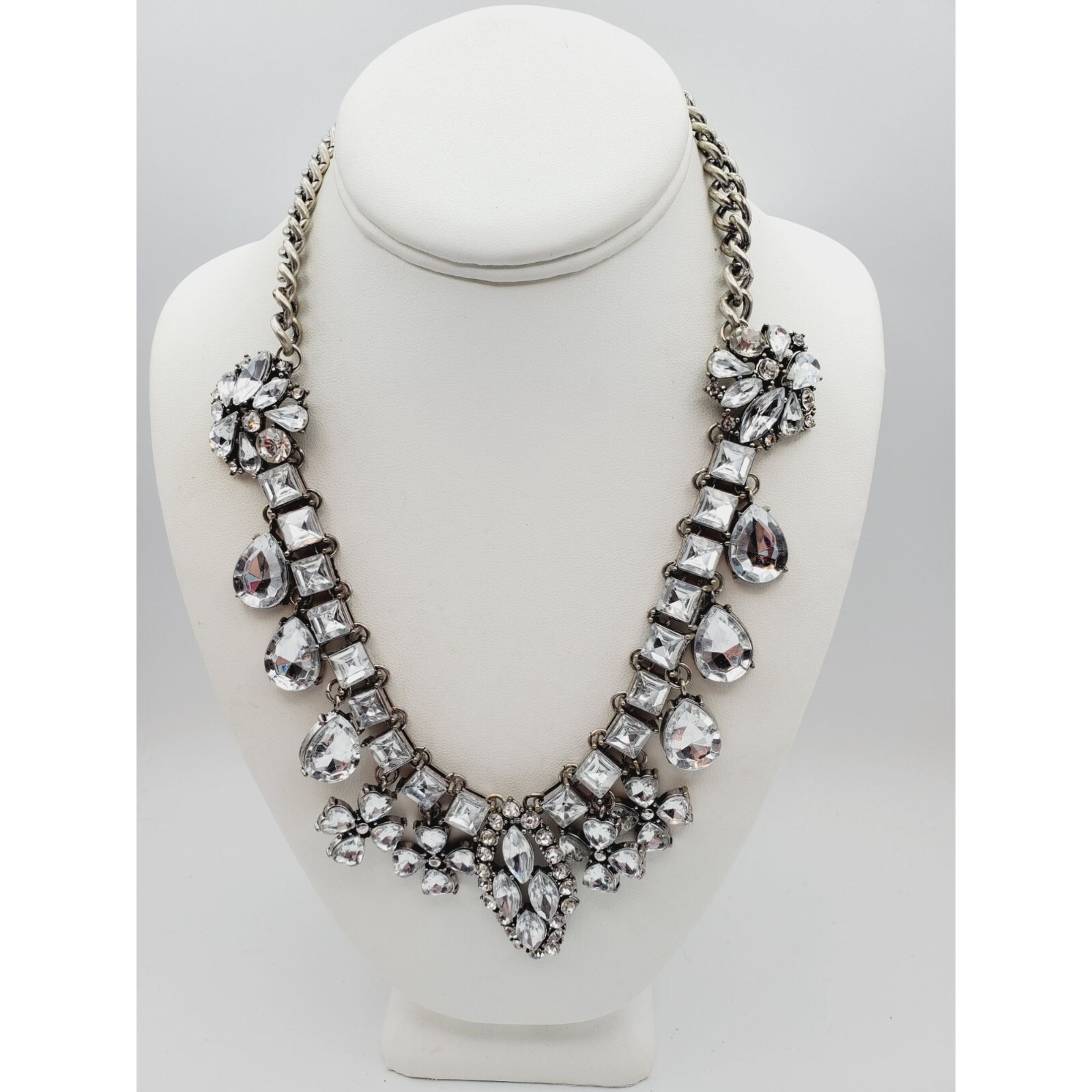 Statement silver tone Rhinestone flower square tear drop pear Necklace 18″