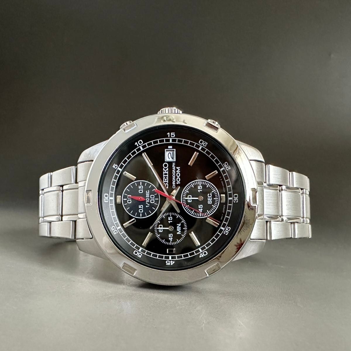 New SEIKO Men’s Watch Chronograph Overseas Model Black Dial Quartz Waterproof Bl