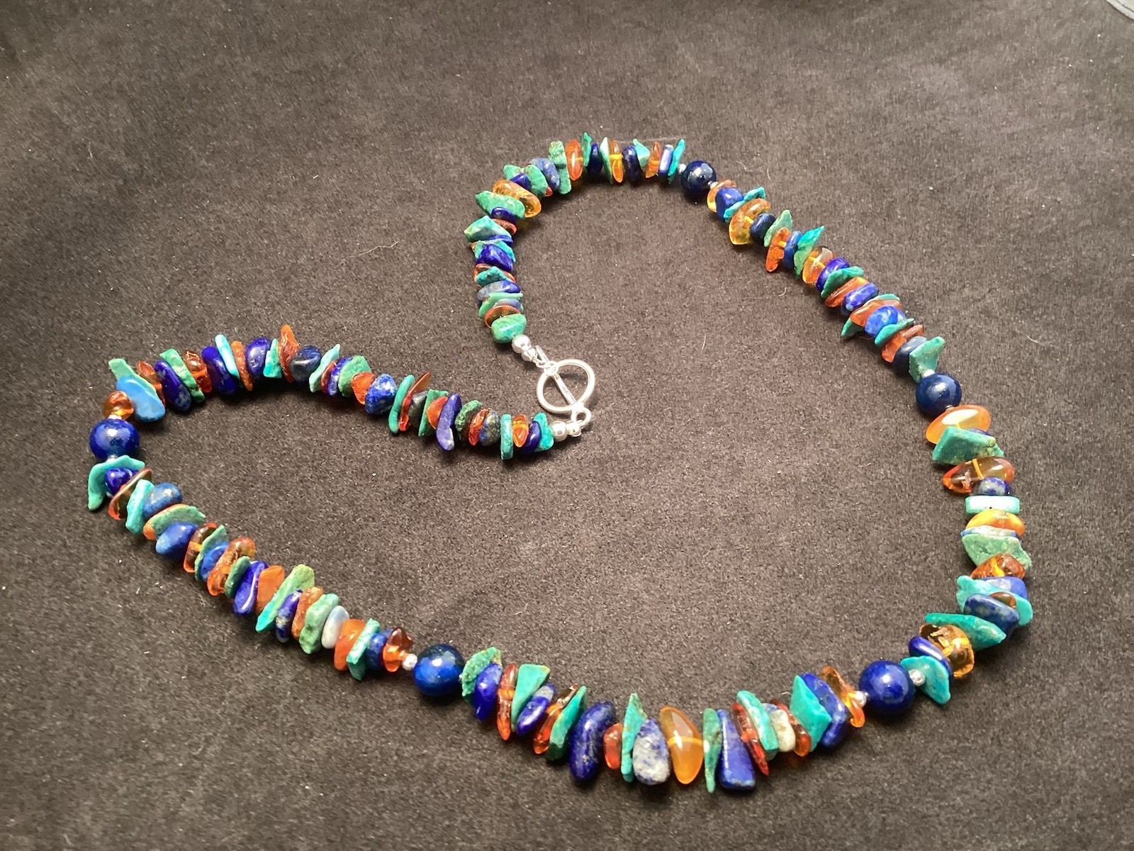 Sterling Silver Turquoise Round Lapis And Amber Chip Beaded Necklace 20.5”