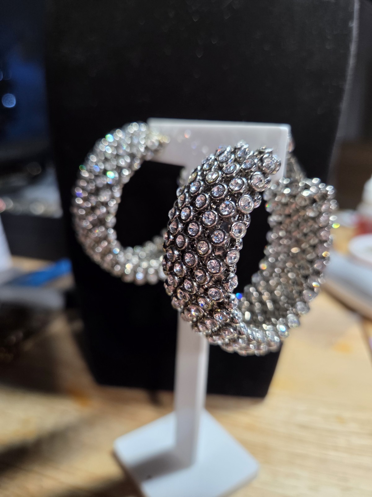Silver Tone Clear Rhinestone Wide Hoop Earrings 2″ Sparkly Latch Back