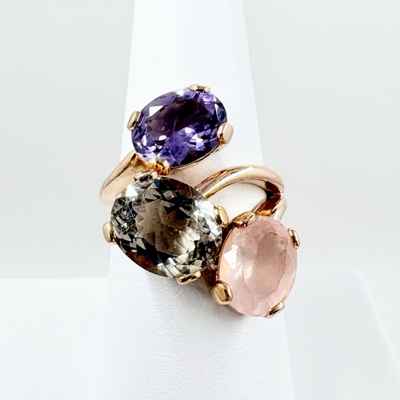 Le Gi Signed 18k Gold Praseolite Amethyst & Rose Quartz Ring Size 7 VTG Italian
