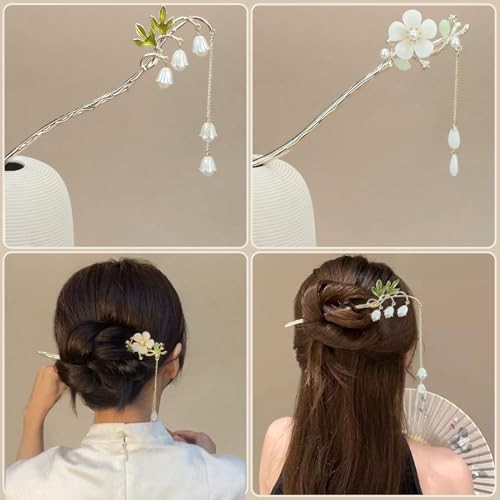 2Packs Lily of the Valley Chinese Hair Sticks for Buns, Pearl Flower white
