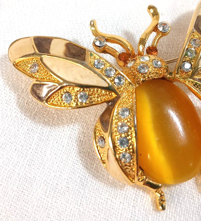 Bee Beetle Pin Brooch Enamel Rhinestones Cabochon Gold Tone Metal 2.5″ STATEMENT